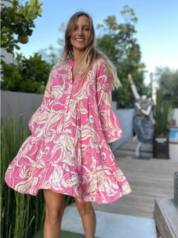 Paisley Print Mini Dress with Bell Sleeves and Layered Skirt
