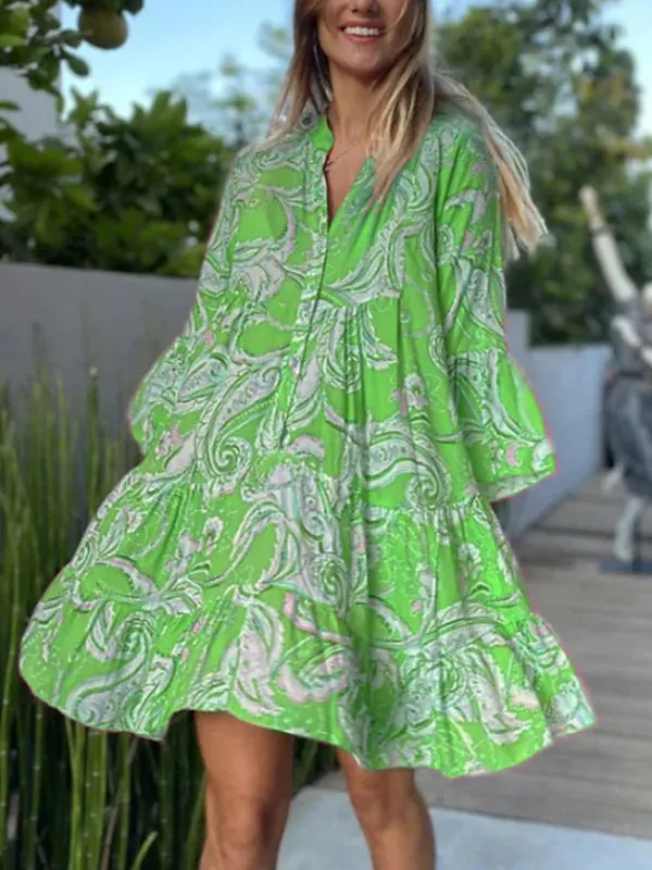 Paisley Print Mini Dress with Bell Sleeves and Layered Skirt
