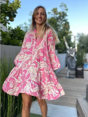 Paisley Print Mini Dress with Bell Sleeves and Layered Skirt