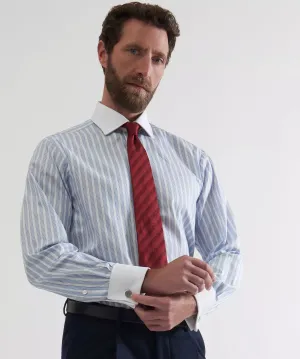 Pale Blue & White Slim Fit Double Cuff Barbican Stripe Formal Shirt