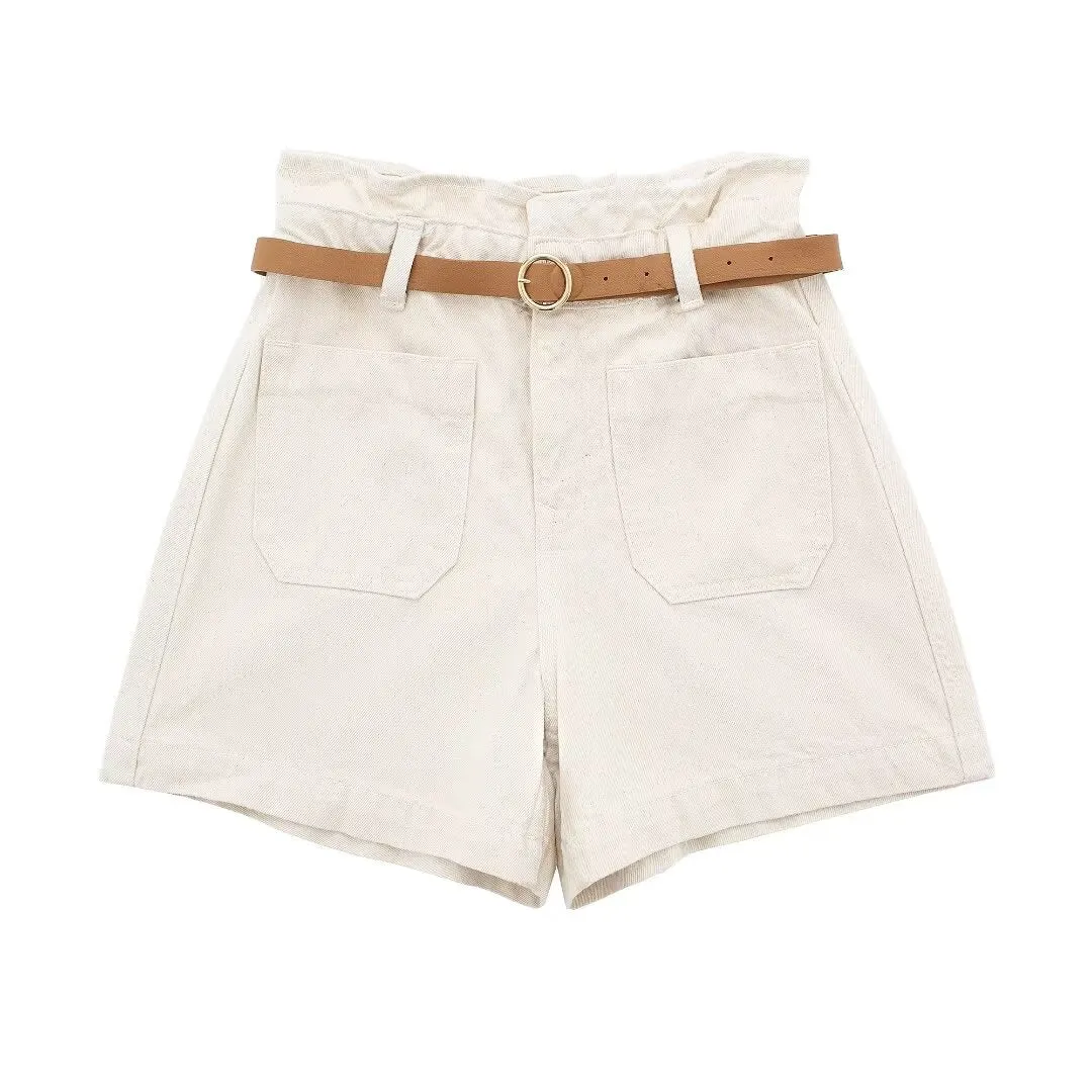 Paperbag Waist Belted Denim Shorts