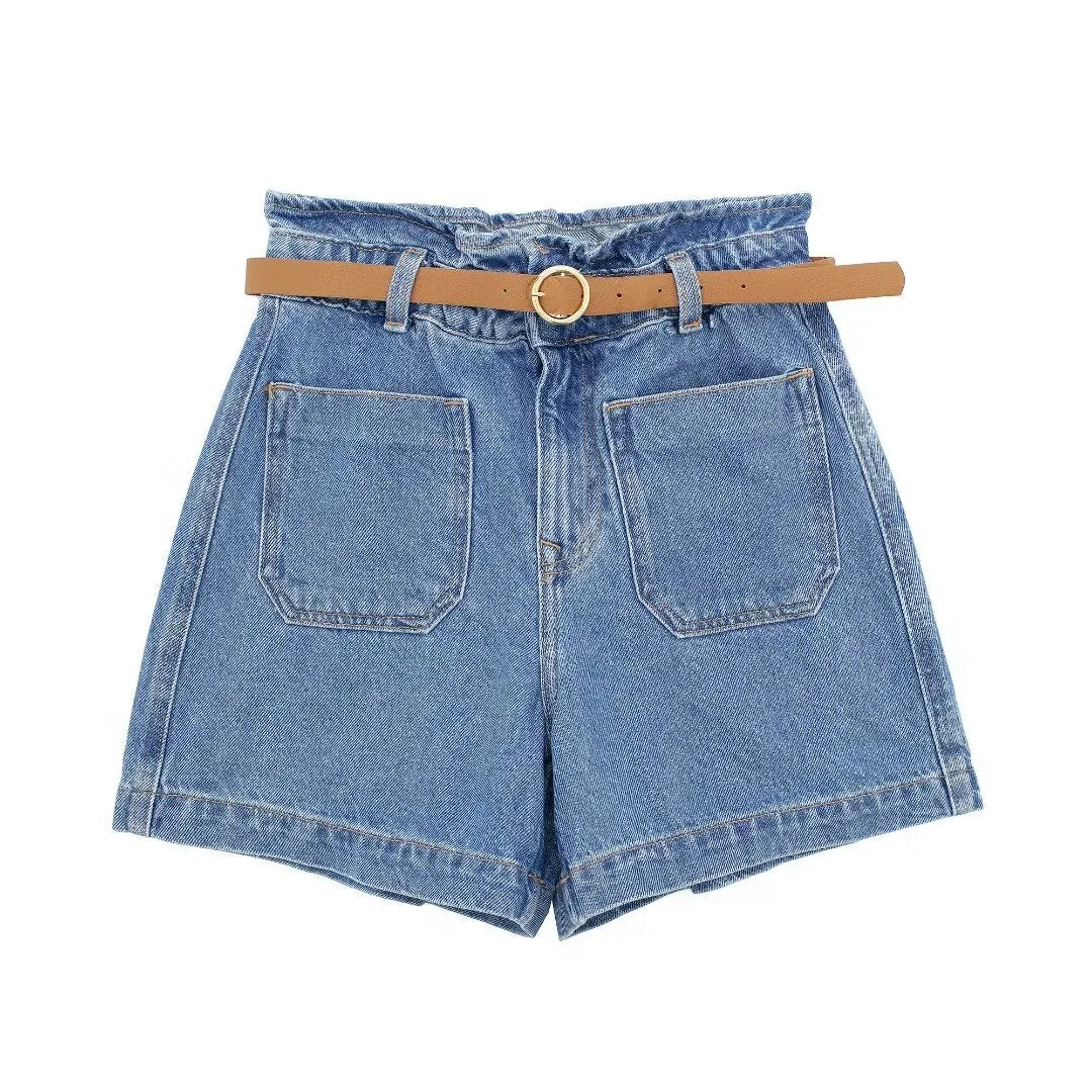 Paperbag Waist Belted Denim Shorts