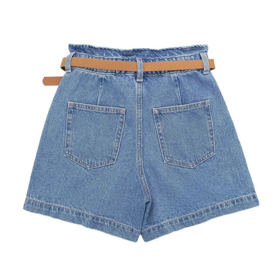 Paperbag Waist Belted Denim Shorts