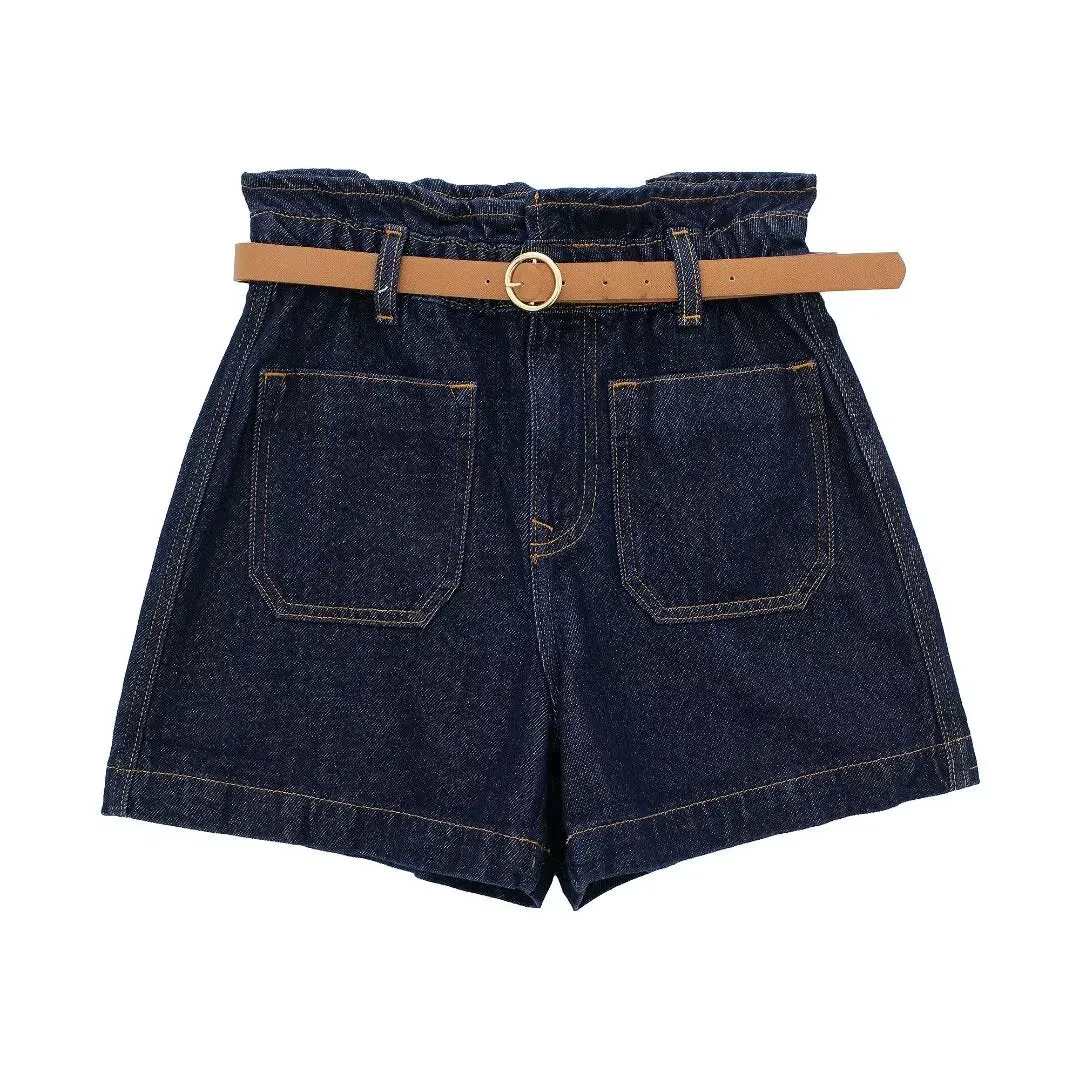 Paperbag Waist Belted Denim Shorts