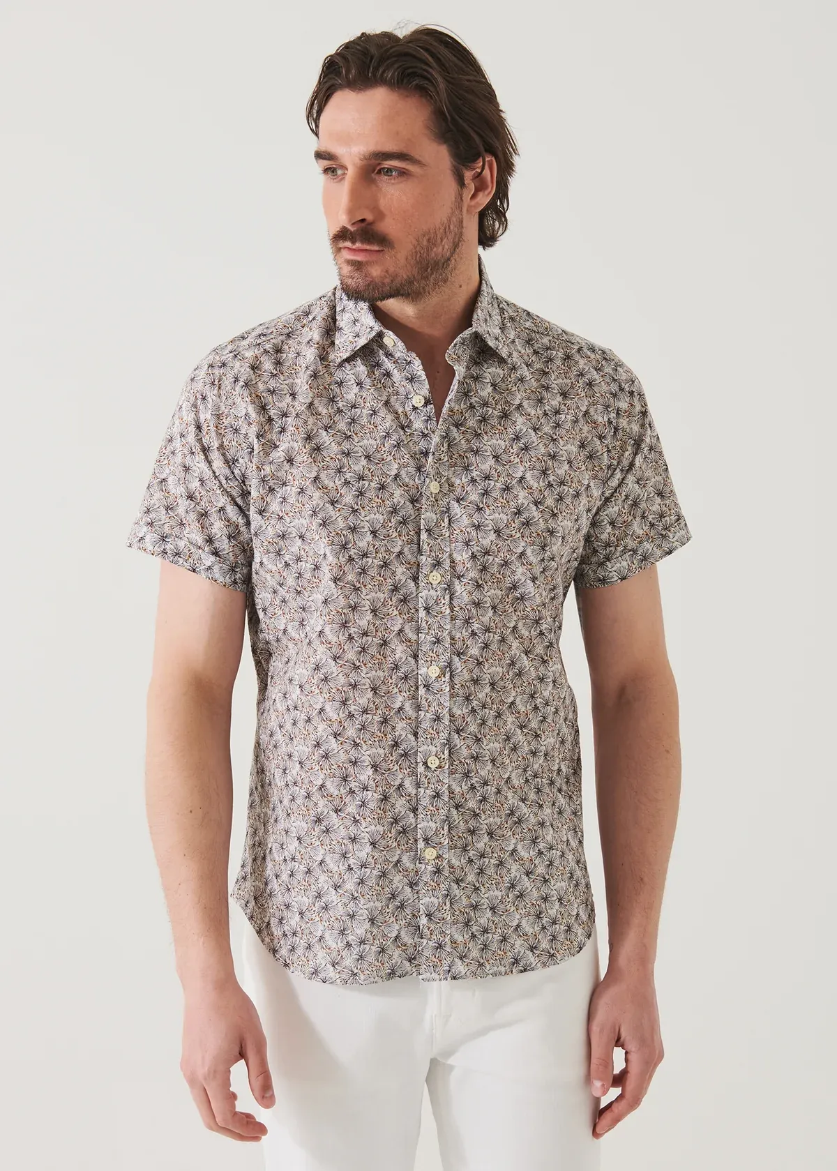 Patrick Assaraf Leaf Print Short Sleeve Shirt- Honey Gold