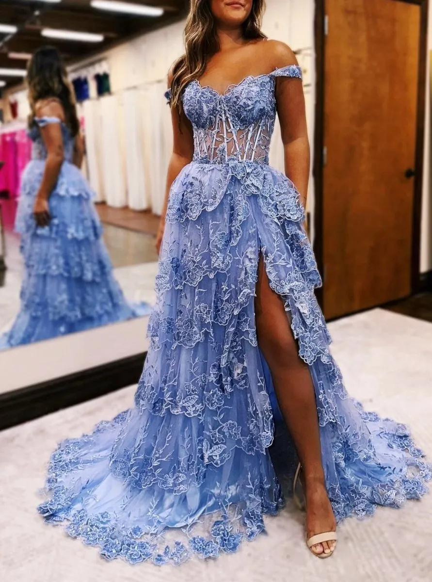 Periwinkle Tulle Appliques Off-the-Shoulder Ruffle Long Prom Dresses