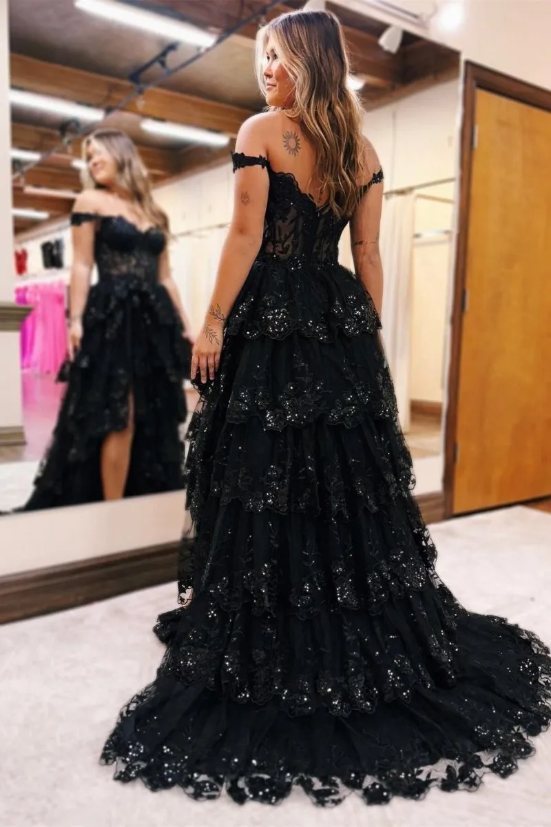 Periwinkle Tulle Appliques Off-the-Shoulder Ruffle Long Prom Dresses