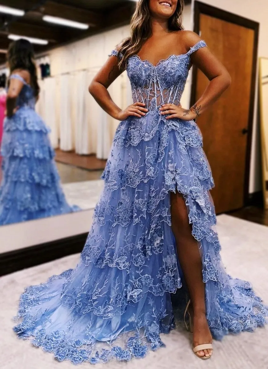 Periwinkle Tulle Appliques Off-the-Shoulder Ruffle Long Prom Dresses