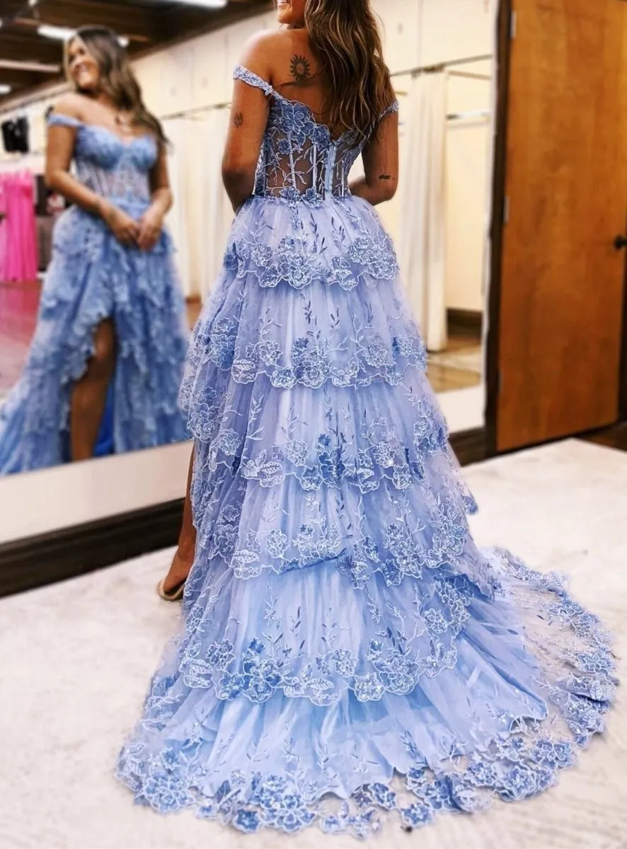 Periwinkle Tulle Appliques Off-the-Shoulder Ruffle Long Prom Dresses