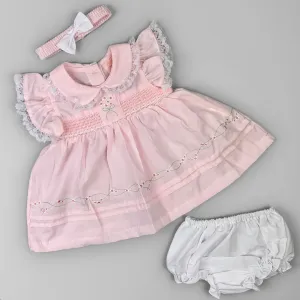 Pink Baby Girl Summer Dress with Matching Headband & Knickers – Smocked & Embroidered