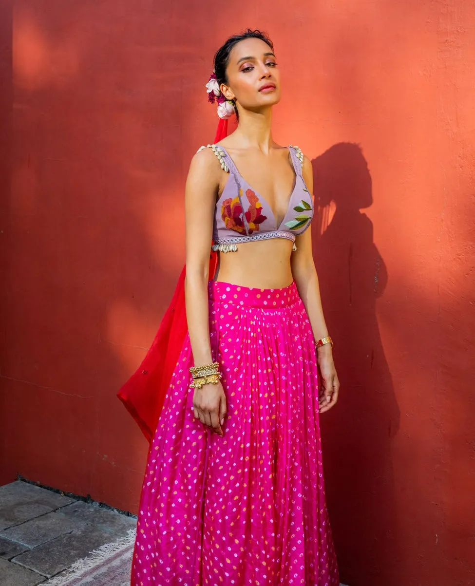 Pink bandhani pleated skirt and jacket set