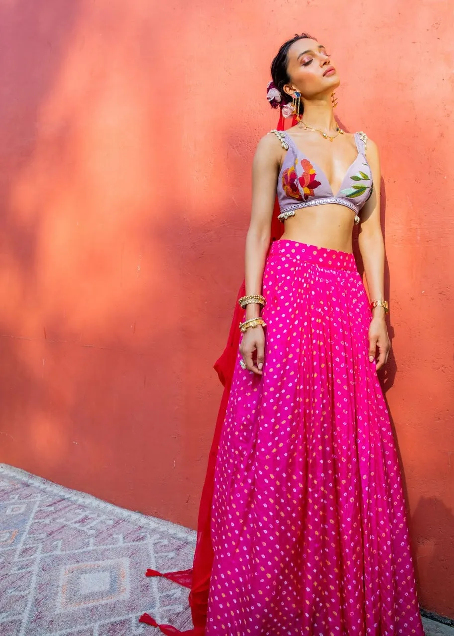 Pink bandhani pleated skirt and jacket set