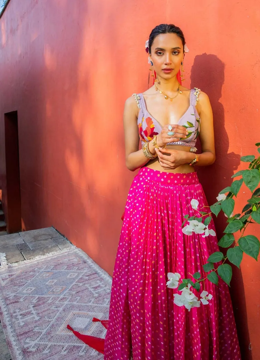 Pink bandhani pleated skirt and jacket set