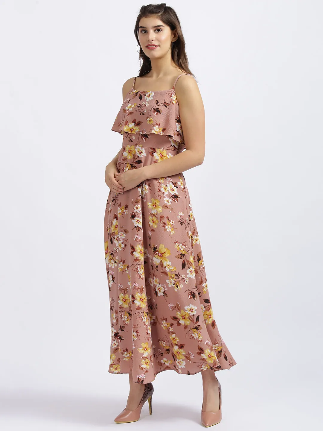 Pink Floral Print Layered Dress