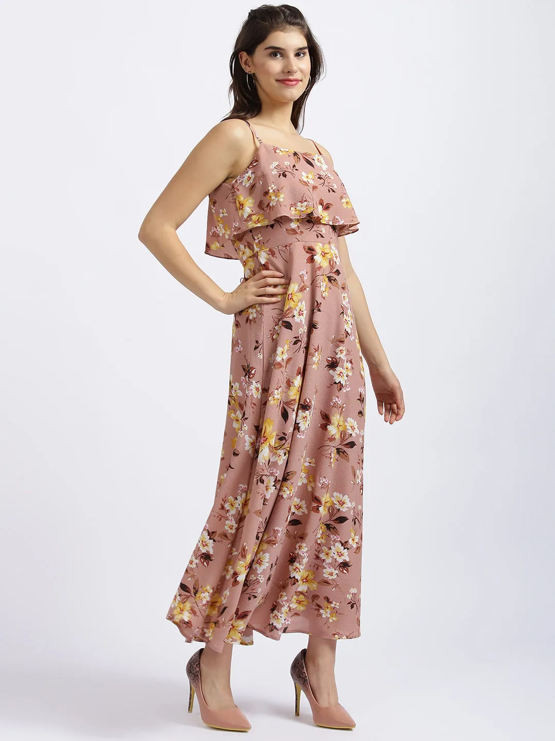Pink Floral Print Layered Dress