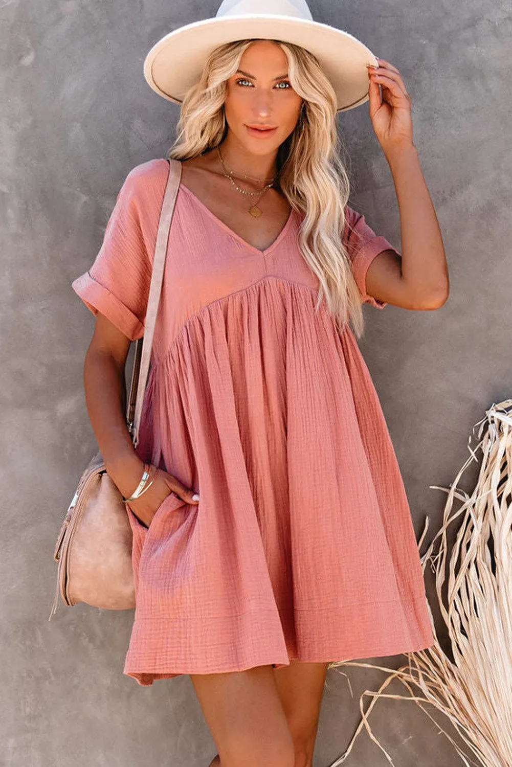 Pink Roll Up Short Sleeve V Neck Babydoll Mini Dress