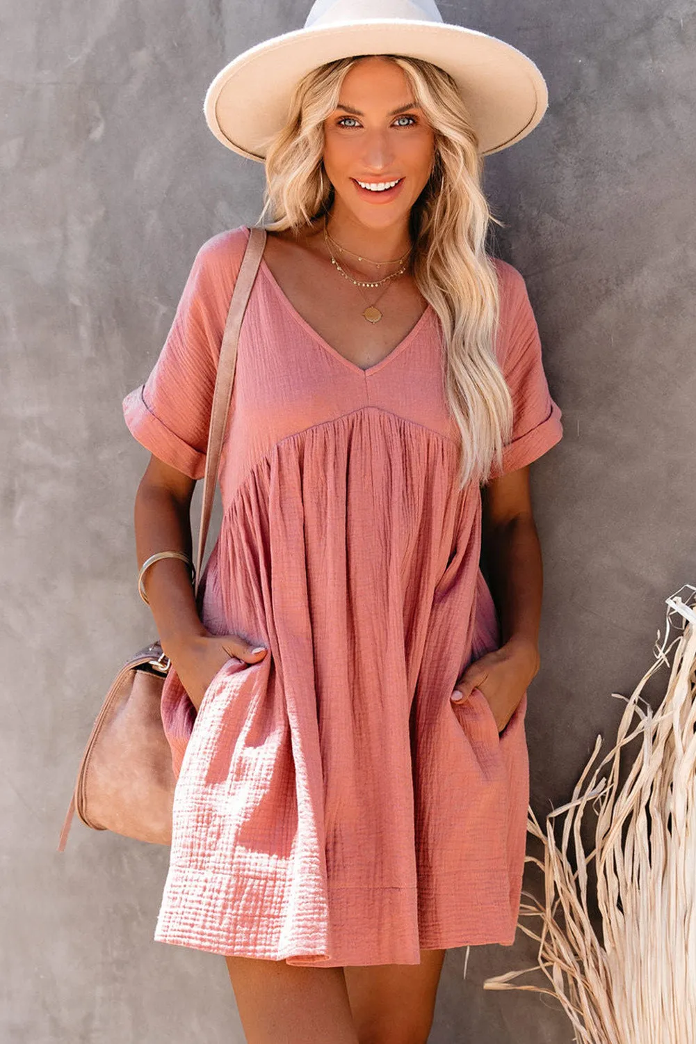 Pink Roll Up Short Sleeve V Neck Babydoll Mini Dress
