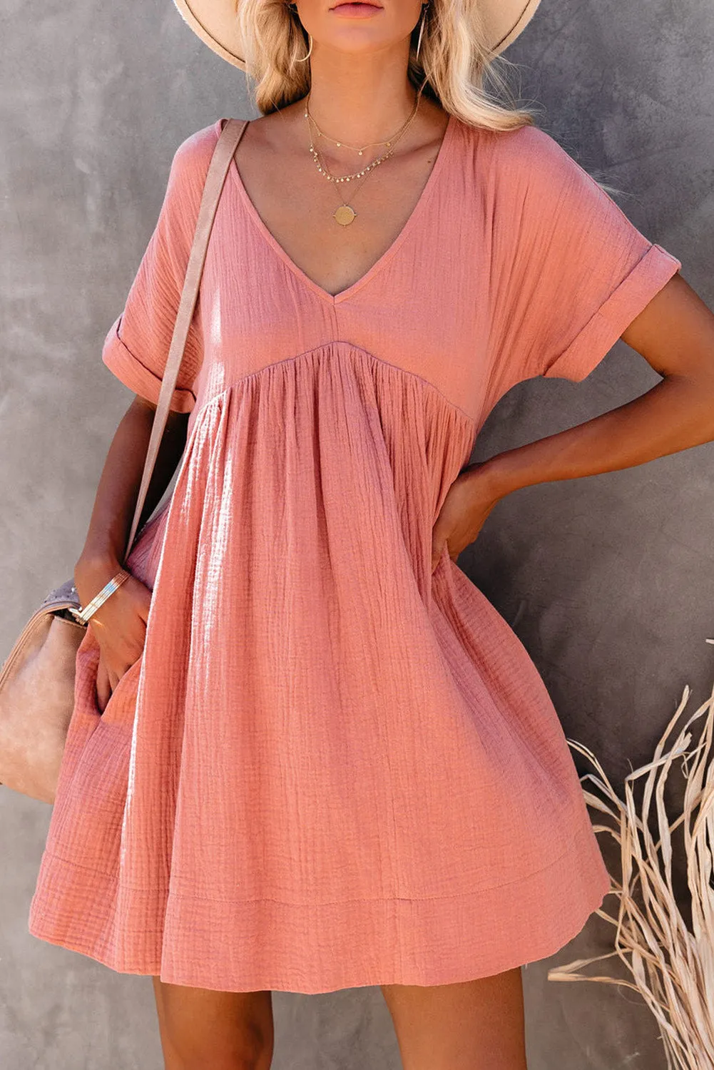 Pink Roll Up Short Sleeve V Neck Babydoll Mini Dress
