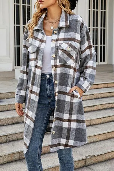 Plaid Button Up Collared Neck Jacket with Pockets