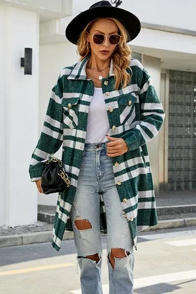 Plaid Button Up Collared Neck Jacket with Pockets