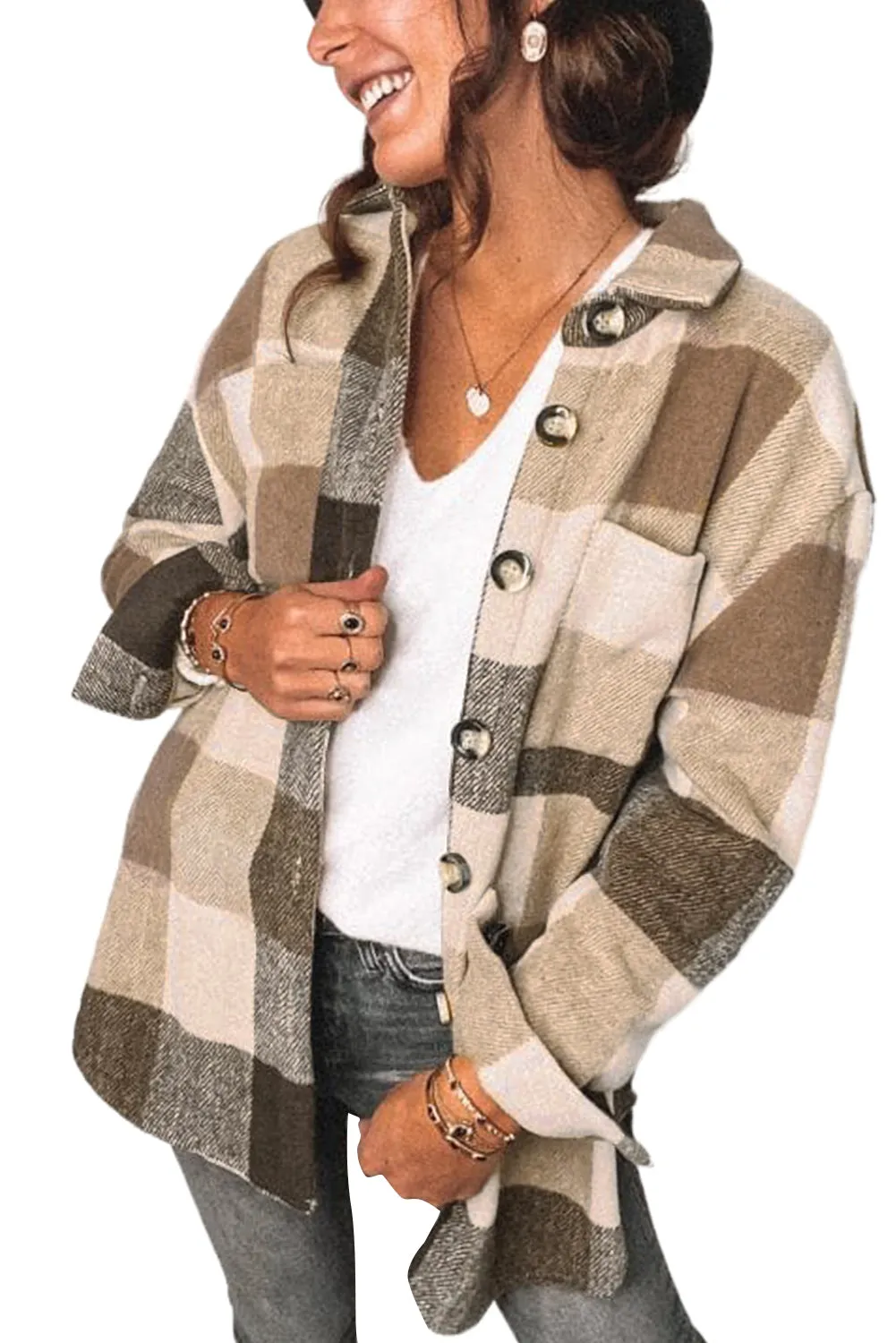 Plaid Color Block Buttoned Long Sleeve Jacket with Pocket