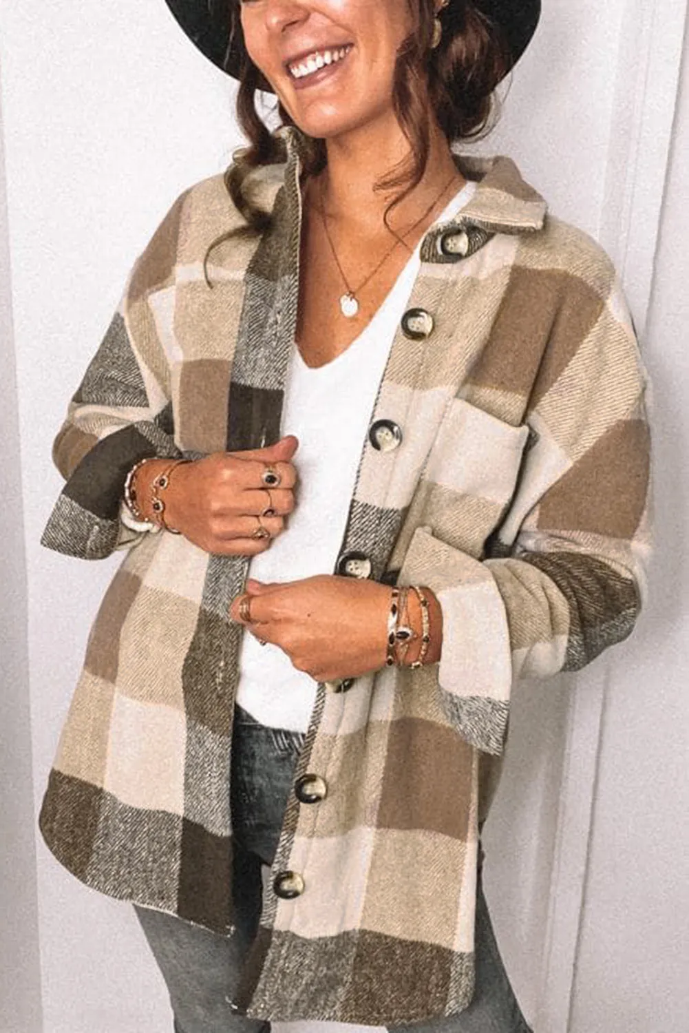 Plaid Color Block Buttoned Long Sleeve Jacket with Pocket