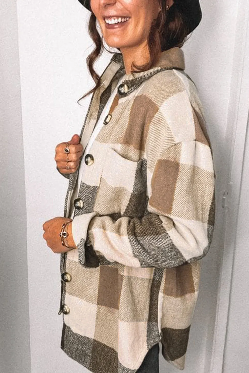 Plaid Color Block Buttoned Long Sleeve Jacket with Pocket