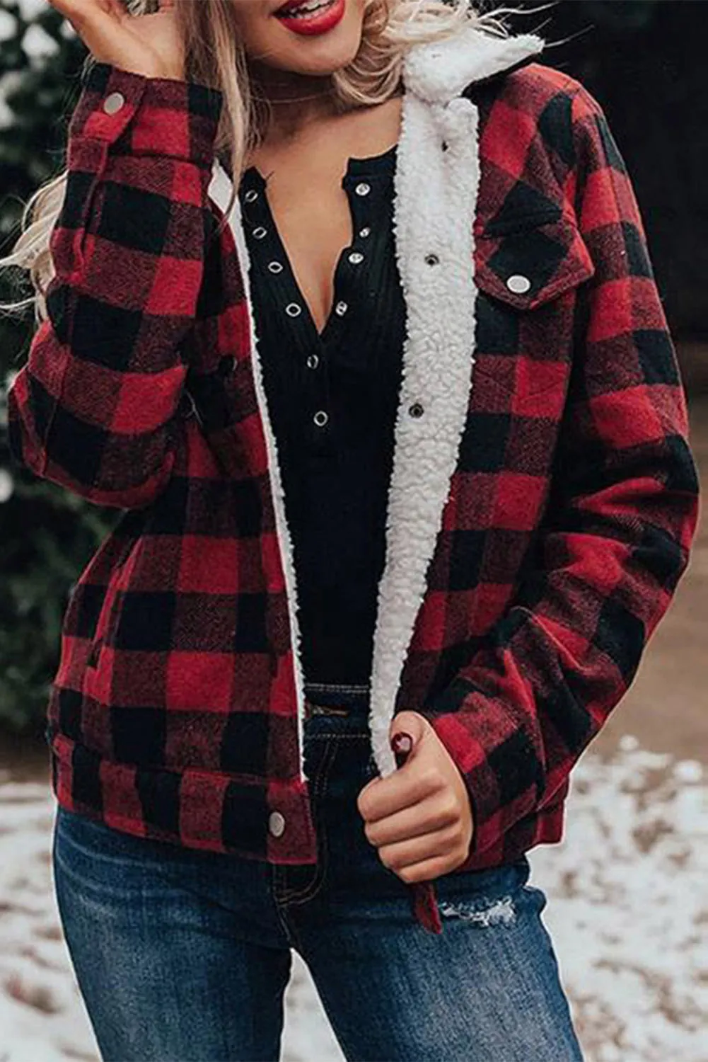 Plaid Print Fleece Button Jacket