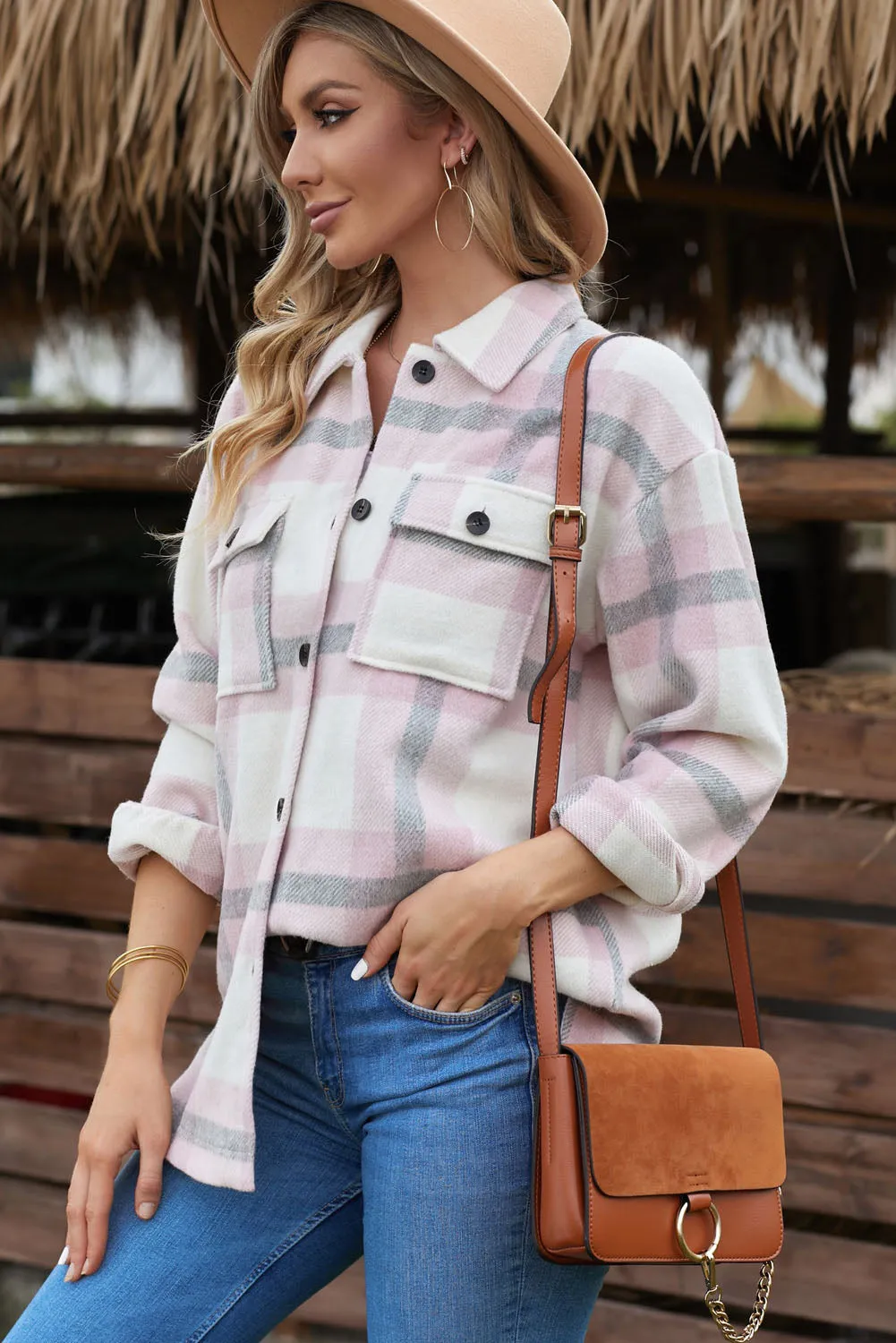 Plaid Print Pocket Women Shacket
