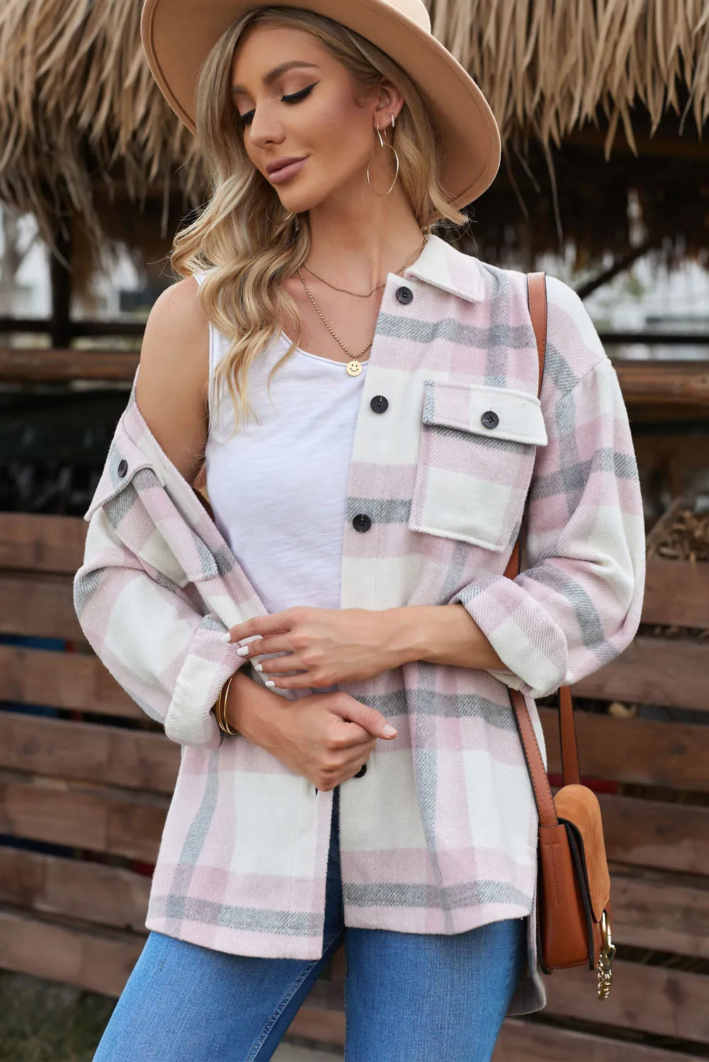 Plaid Print Pocket Women Shacket