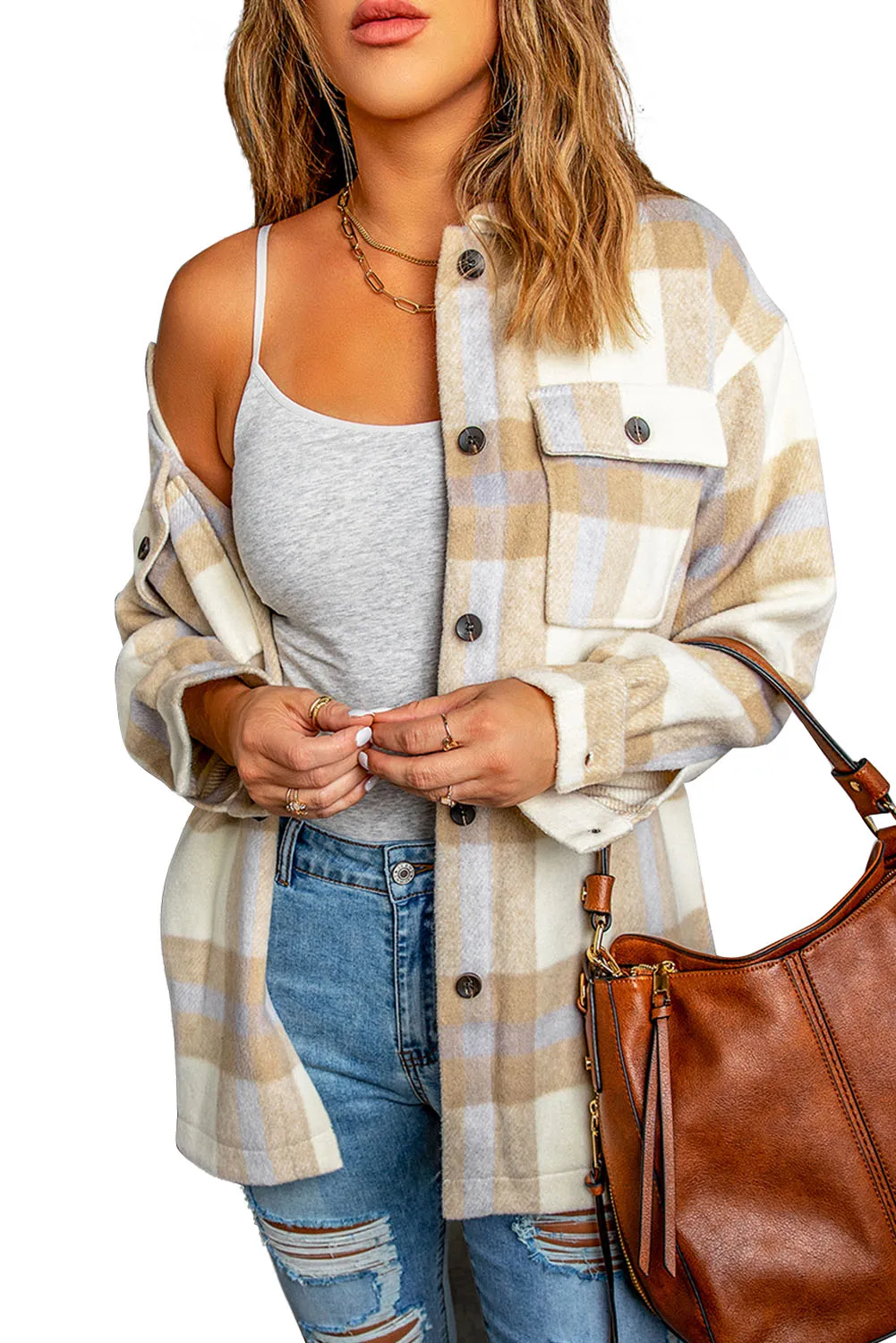 Plaid Print Pocket Women Shacket