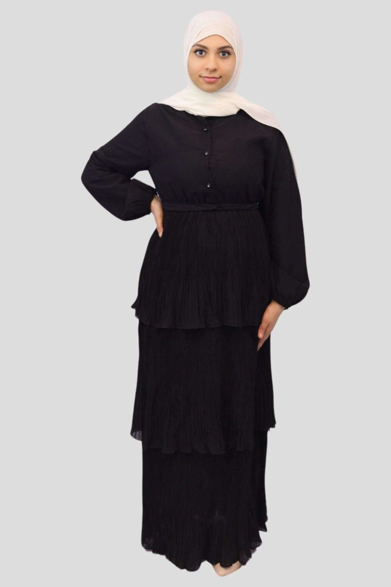 Pleated Layered Chiffon Black Maxi Dress- Maha