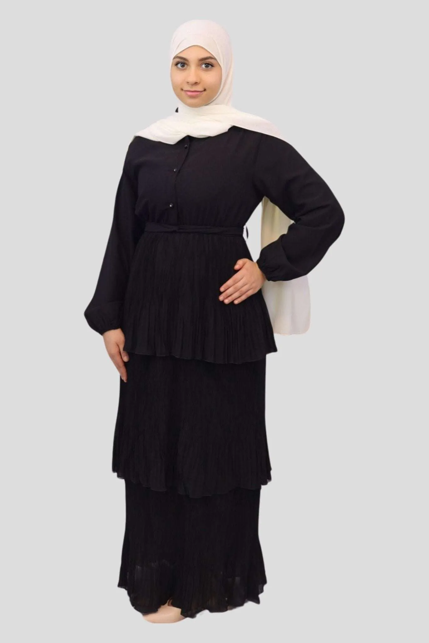 Pleated Layered Chiffon Black Maxi Dress- Maha
