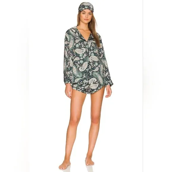 PLUSH Paisley Pajama Set With Eye Mask In Green Size XS