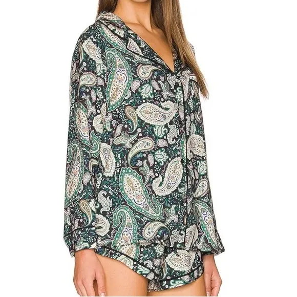 PLUSH Paisley Pajama Set With Eye Mask In Green Size XS