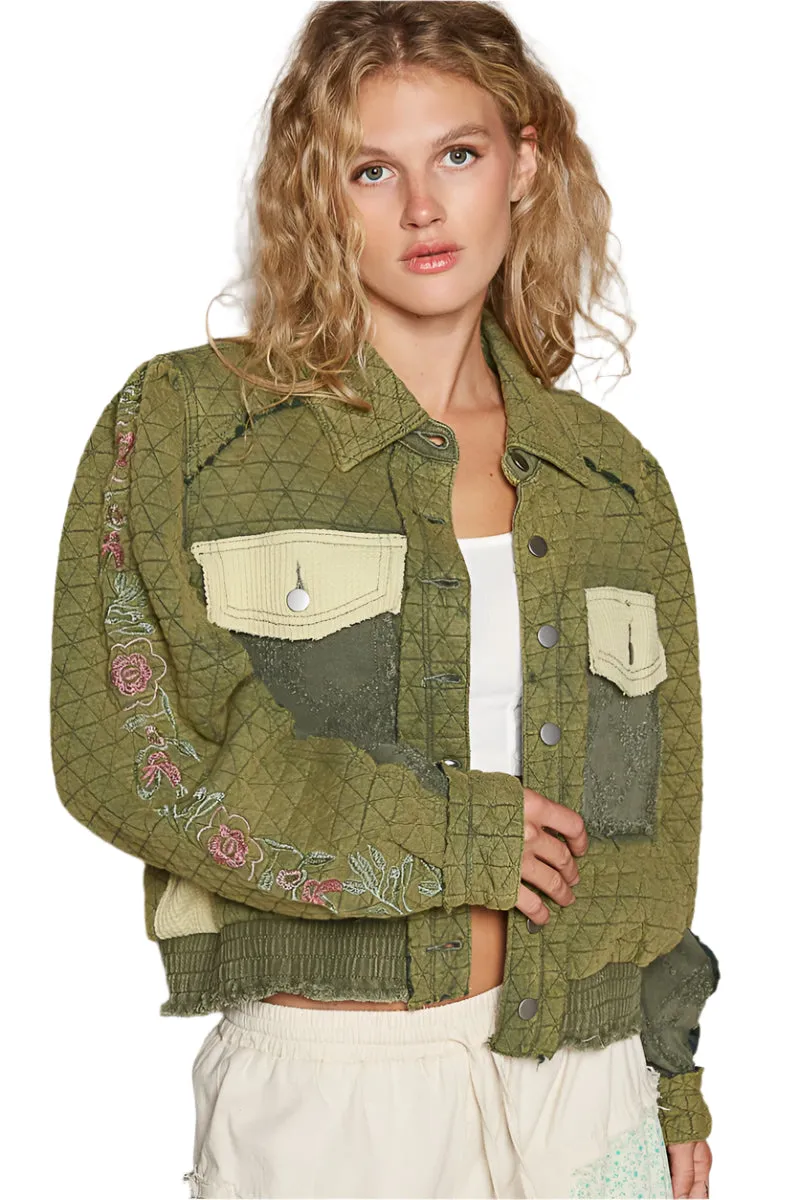 POL Embroidered Sleeve Raw Edge Quilted Jacket