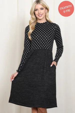 Polka Dot Long Sleeve Hacci Brushed Contrast Dress
