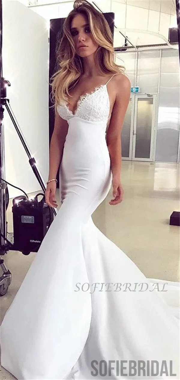 Popular Mermaid V-neck Lace Backless Light Ivory Long Prom Dresses, PD1058