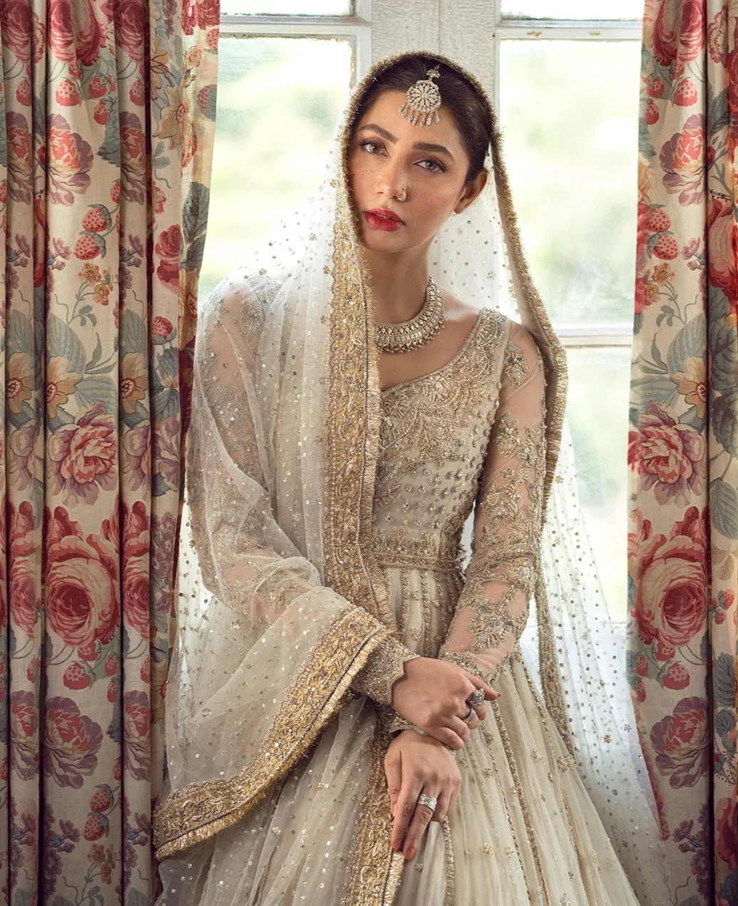 Premium Embellished Double Layered Traditional Pishwas Frock and Dupatta in Ivory Color