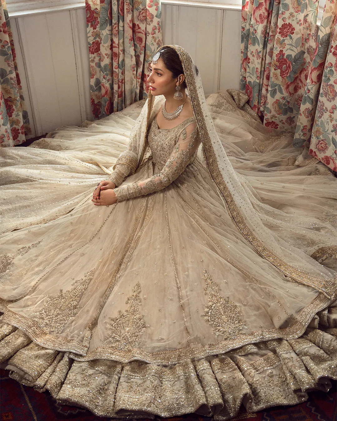 Premium Embellished Double Layered Traditional Pishwas Frock and Dupatta in Ivory Color