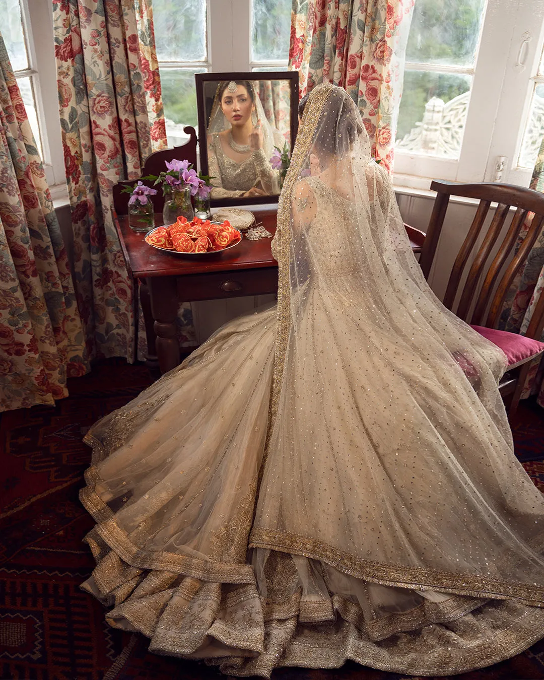 Premium Embellished Double Layered Traditional Pishwas Frock and Dupatta in Ivory Color