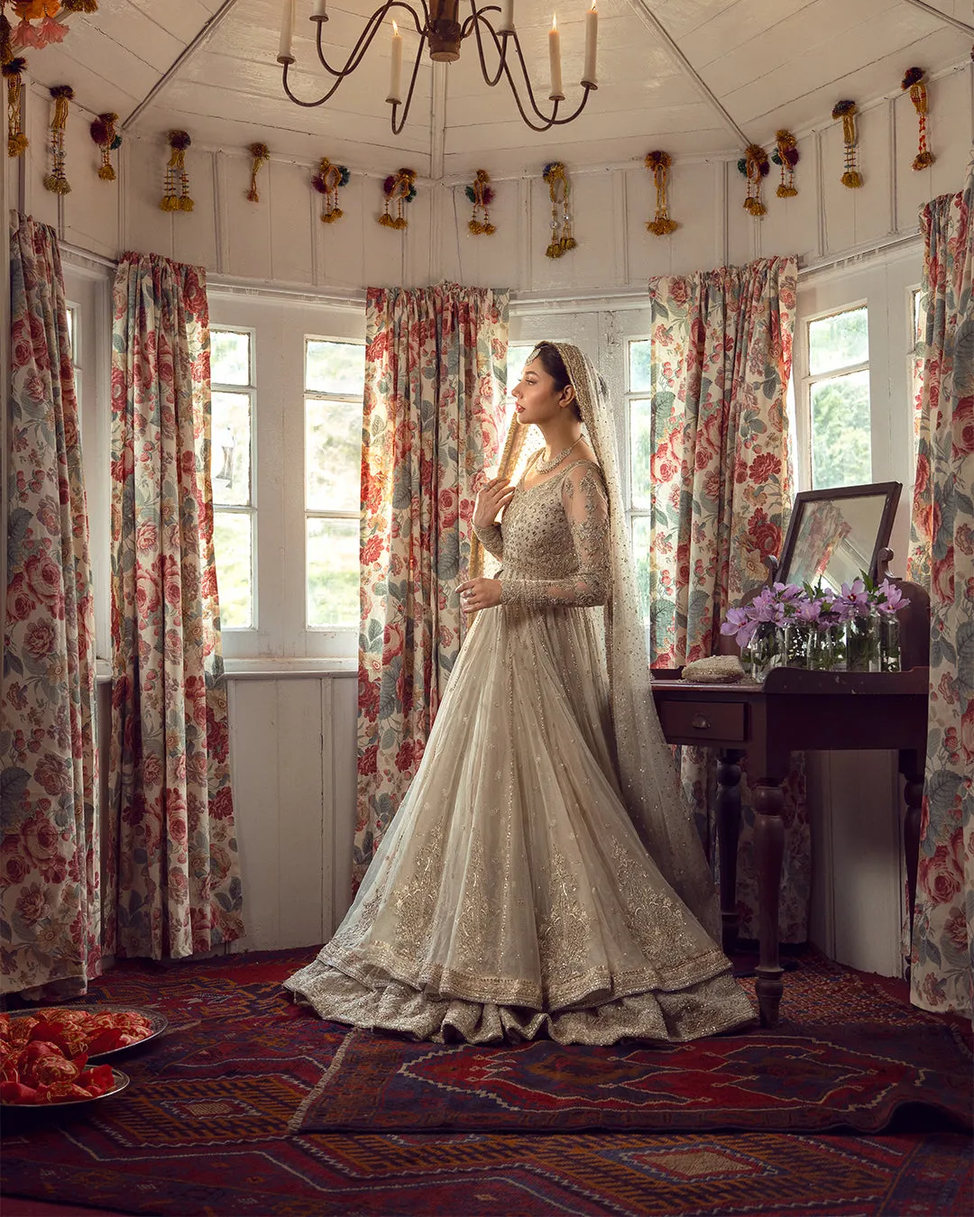 Premium Embellished Double Layered Traditional Pishwas Frock and Dupatta in Ivory Color