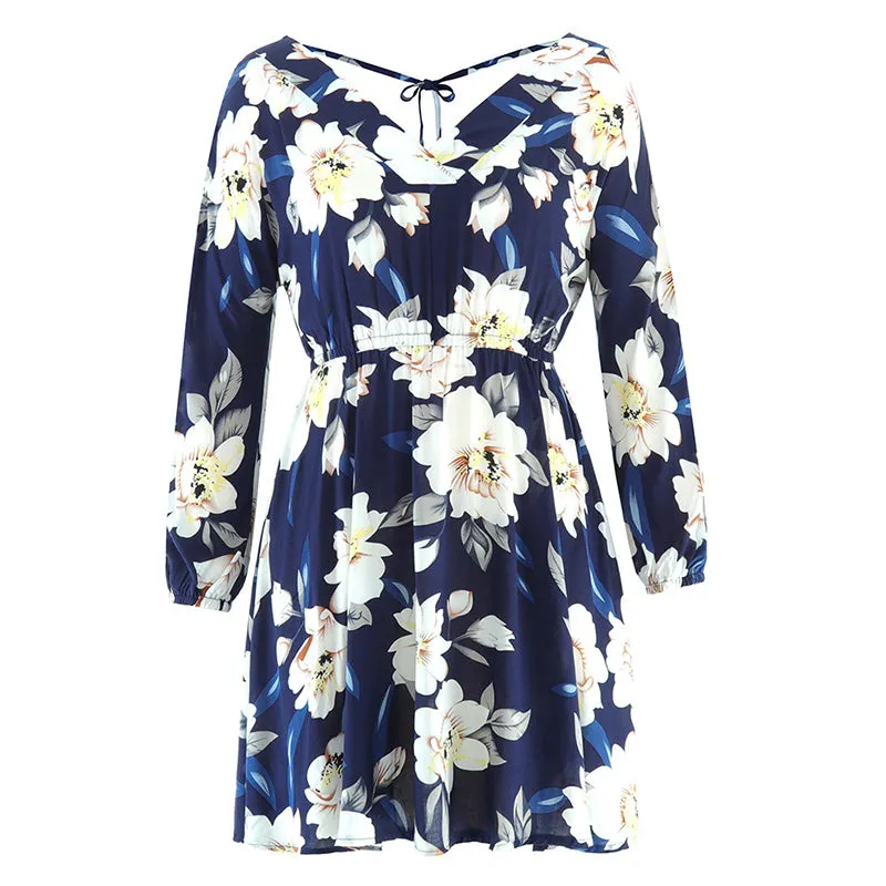 Printed Dress V-neck Sexy Backless Long Sleeve Ladies Dress