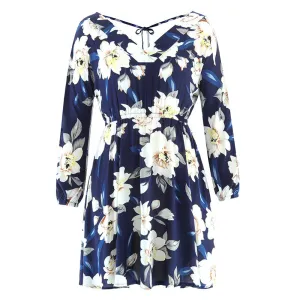 Printed Dress V-neck Sexy Backless Long Sleeve Ladies Dress