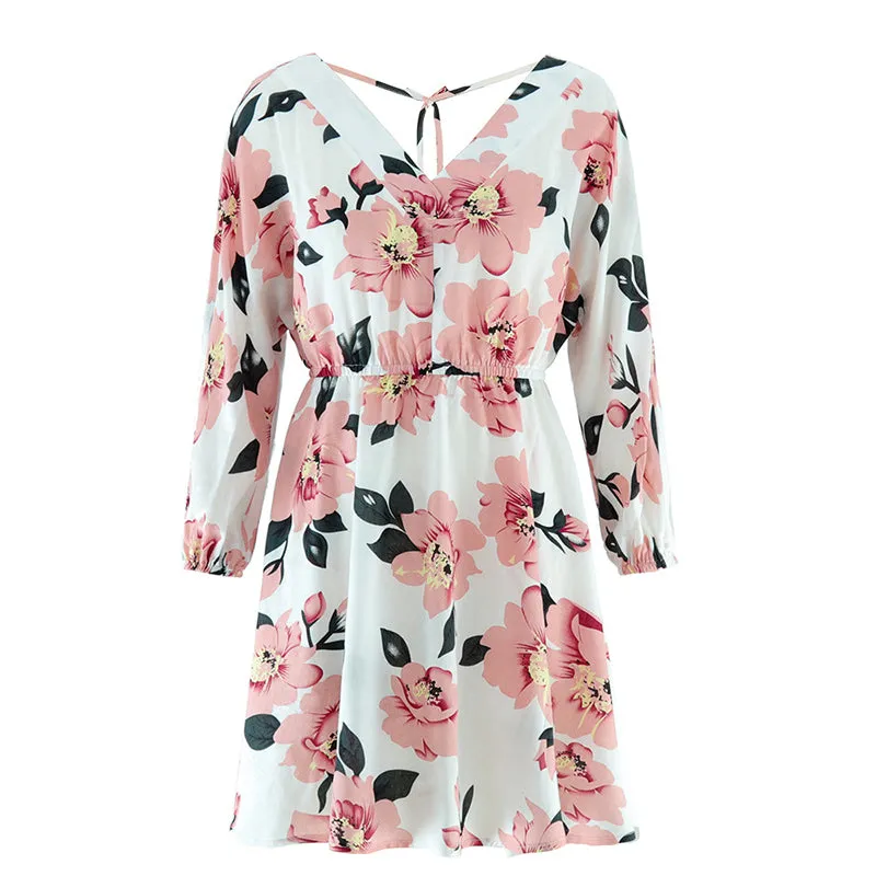 Printed Dress V-neck Sexy Backless Long Sleeve Ladies Dress