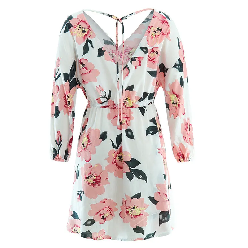 Printed Dress V-neck Sexy Backless Long Sleeve Ladies Dress