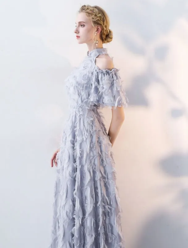 Prom Dresses Long Light Grey Cold Shoulder Evening Dress Lace Stand Collar Floor Length Formal Dress