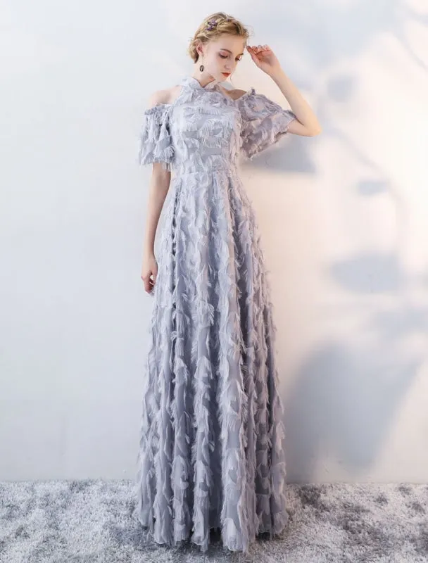 Prom Dresses Long Light Grey Cold Shoulder Evening Dress Lace Stand Collar Floor Length Formal Dress