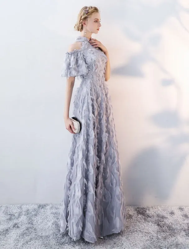 Prom Dresses Long Light Grey Cold Shoulder Evening Dress Lace Stand Collar Floor Length Formal Dress