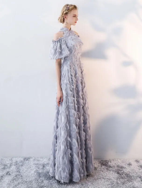 Prom Dresses Long Light Grey Cold Shoulder Evening Dress Lace Stand Collar Floor Length Formal Dress